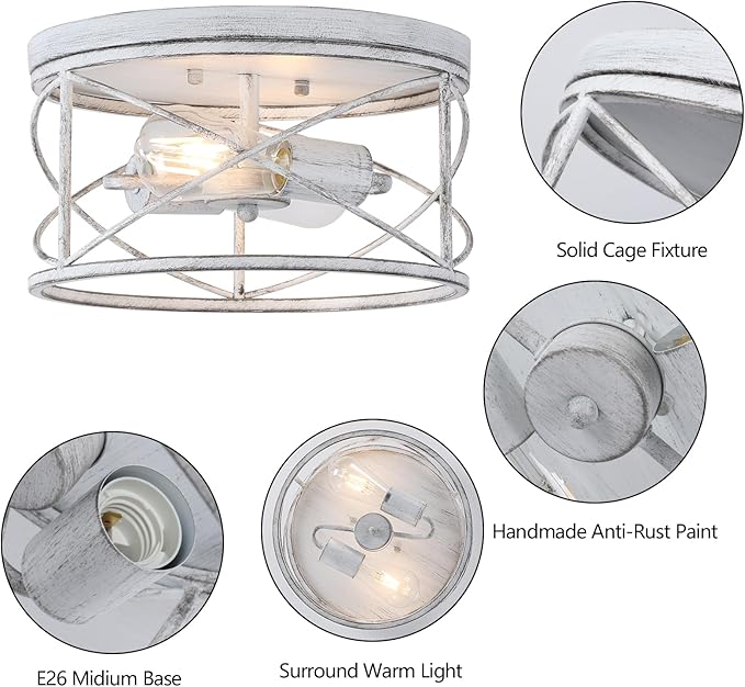 2-Light Flush Mount Ceiling Light Fixture, Industrial Modern White Ceiling Lamp, Vintage Farmhouse Light Fixture for Hallway, Bedroom, Dining Room, Living Room, Kitchen, Entryway