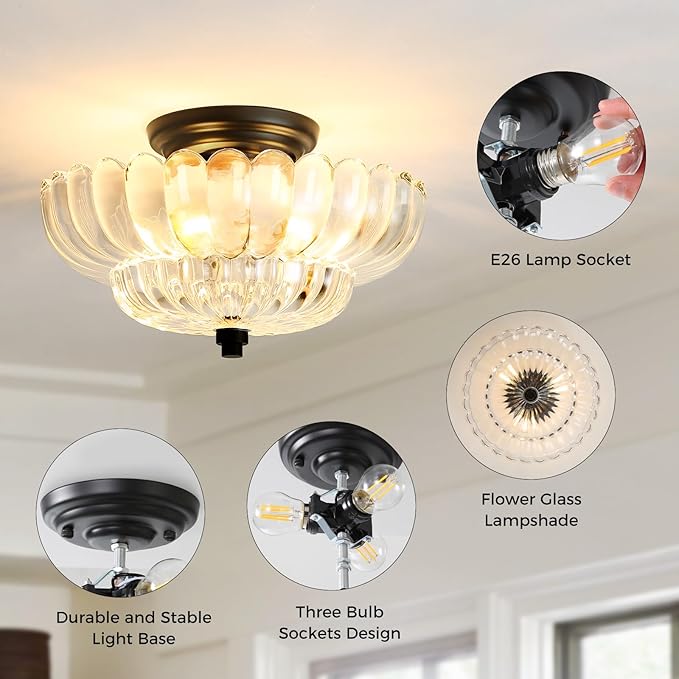 Semi Flush Mount Ceiling Light Fixture Vinatge Black Ceiling Lights Mid Century Modern Clear Glass Close to Ceiling Lighting Fixtures for Bedroom Hallway Foyer Bathroom Kitchen Laundry Room Nursery