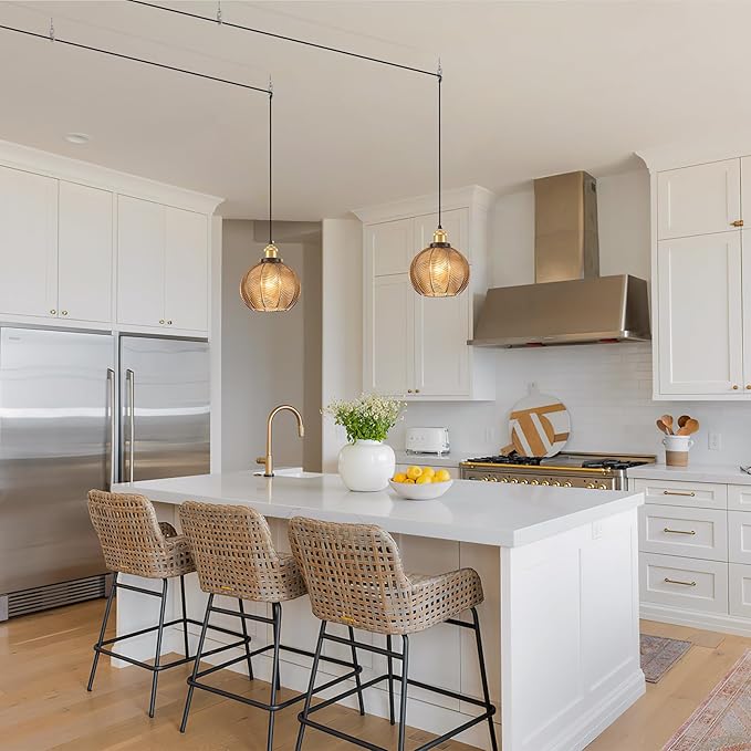 Modern Plug in Hanging Light, 7.8 Inch Glass Pendant Light with 14.76 FT Adjustable Plug in Cord, Vintage Amber Hanging Lamp for Dining Room Bedroom Kitchen Island Bathroom E26