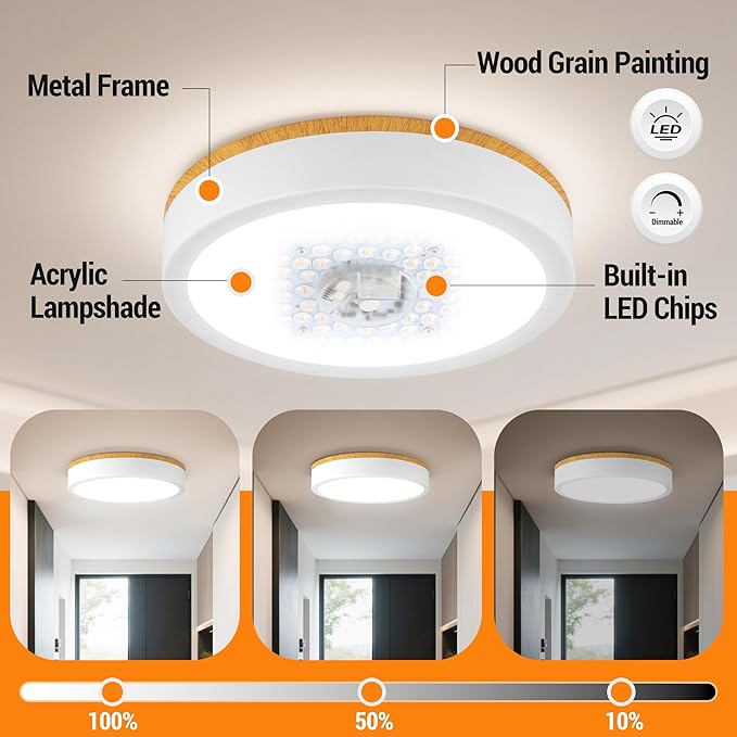 11" Flush Mount Ceiling Light, Minimalist Modern Wood Paint LED Ceiling Light with 5CCT 2700K-5000K, Dimmable LED Light Fixtures Ceiling Mount for Kitchen Bathroom Bedroom Hallway
