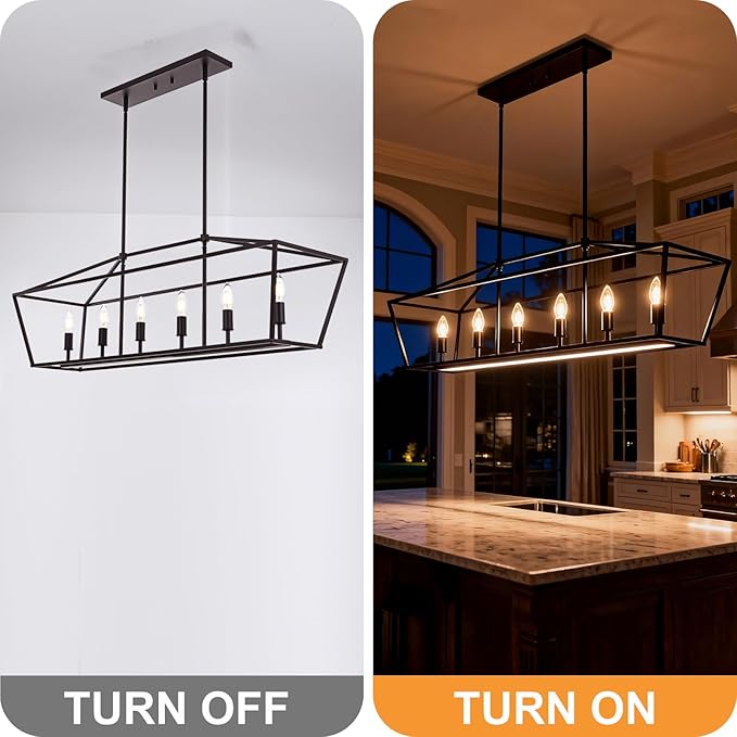 6-Light Kitchen Island Lighting, Farmhouse Dining Room Rectangle Chandelier, Hanging Pendant Light Fixture Over Table for Living Room, Oil Rubbed Bronze & E12 Bulb Base