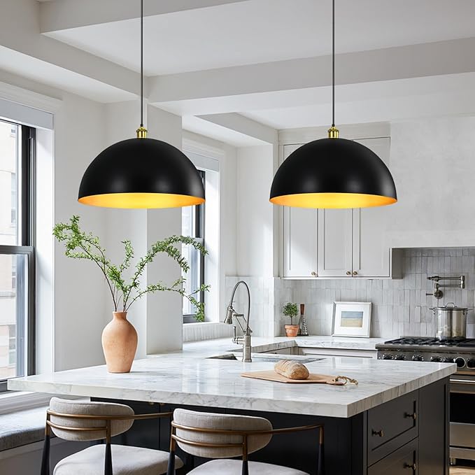 Black-Farmhouse Pendant-Light Hanging-Lamp Fixtures - 20 inch Kitchen Island Pendant Lights Industrial Dome Ceiling Lighting Dining Room Large Vintage Light for Indoor Black and Gold