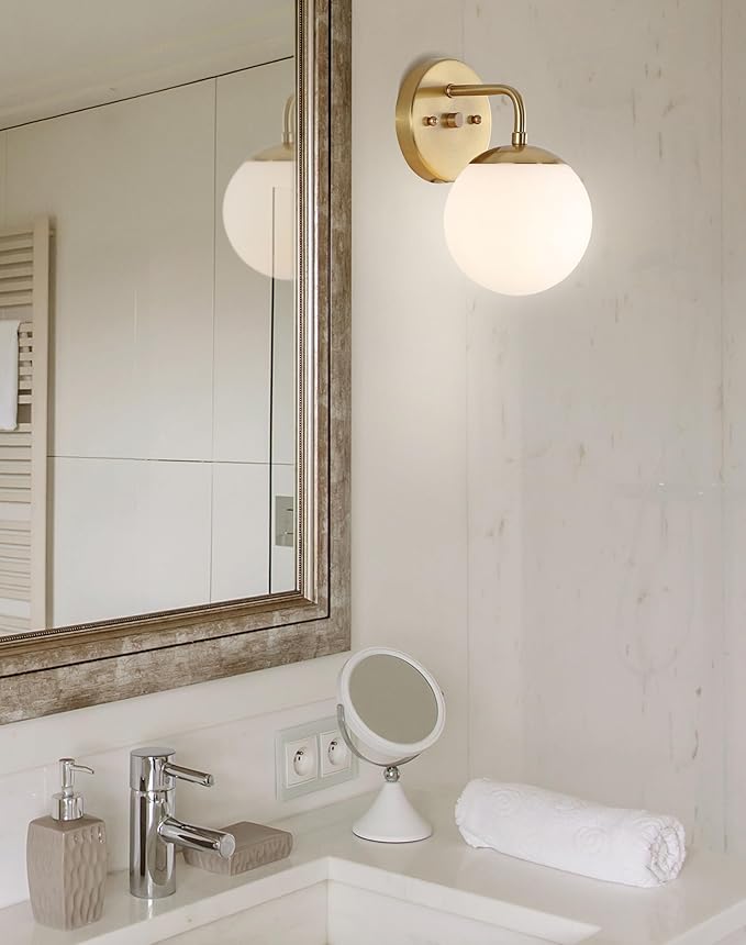 JONATHAN Y 5.75" Gold Painting Modern Globe Wall Sconce Vanity Light for Bathroom, White Frosted Glass Shade, Midcentury Parisian Bistro Wall Lamp, LED Bulb Included JYL3534A