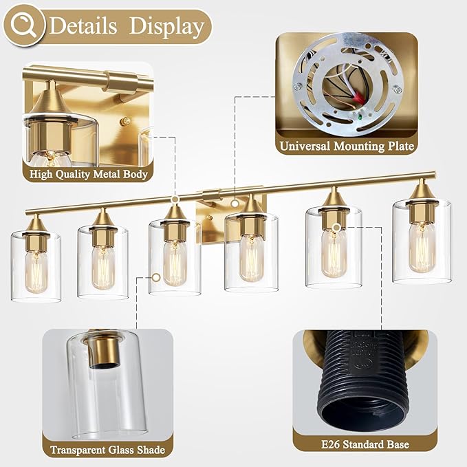 6-Light Gold Vanity Light,Bathroom Light Fixtures,Modern Brushed Brass Gold Wall Sconce Lighting,Bathroom Wall Lamp for Mirror Bedroom Living Room Vanity Table Hallway