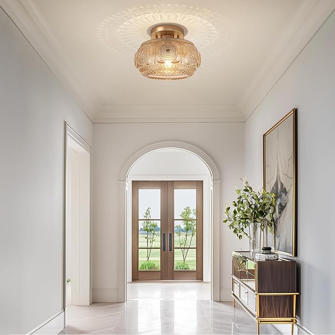 Semi Flush Mount Ceiling Light, Amber Globe Glass Ceiling Light Fixture, Art Deco Kitchen Lighting fixtures Ceiling for Hallway Porch Corridor Bedroom, Bulb Not Included