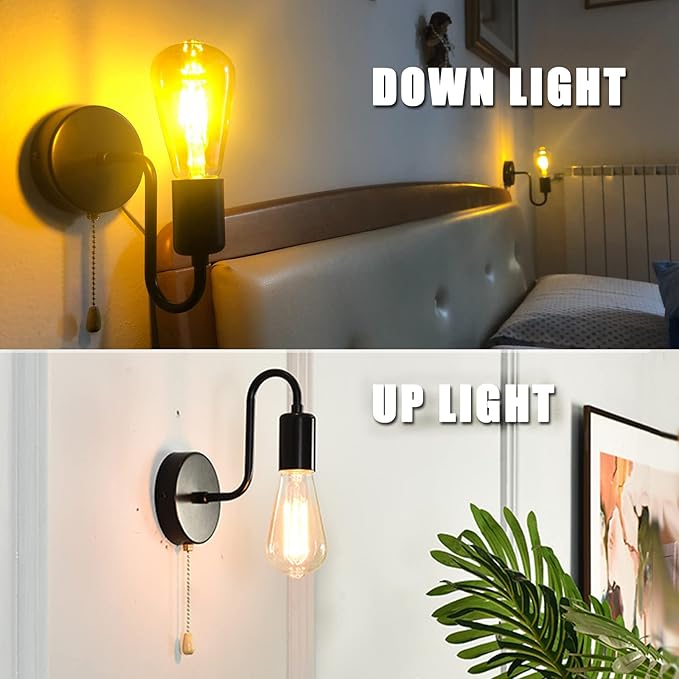 Vintage Pull Chain Wall Sconce Light with Switch Black Wall Lights Fixture Retro E26 Industrial Farmhouse Wall Lamp Hard Wired Sconces Lighting for Mirror Bedroom Bathroom Hallway (1-Light)