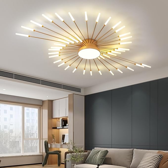 JAYMP 50.4" Ceiling Light Modern Flower Shape Ceiling Lamp for Living Room Dining Room Flush Mount Metal Acrylic Sputnik Firework Petal LED Lighting Fixture (Matte Gold, 42+1 Lights)