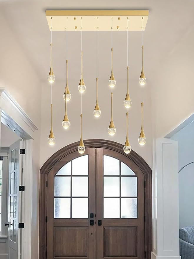 ykolupty 14-Light Modern LED Pendant Lighting Fixture for Kitchen Island Raindrop Crystal Chandelier Gold Chandelier for Dining Room High Ceiling Chandeliers for Staircase Foyer Hallway Villa