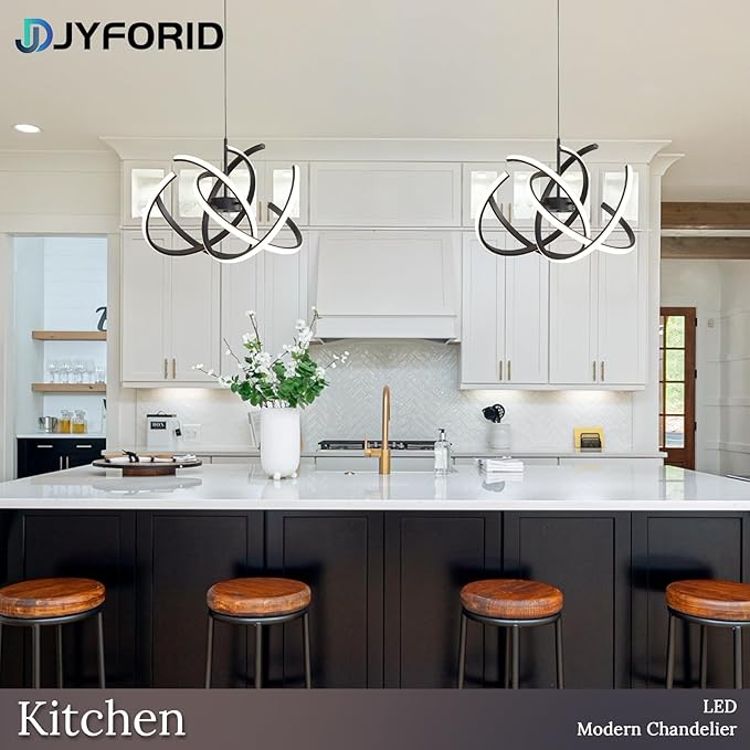 Black Modern Sputnik Chandelier with Remote Control, 44W 3-Color Temperature Dimmable LED Chandelier for Dining Room, Hanging Adjustable Pendant Light for Living Room Kitchen Foyer Entryway