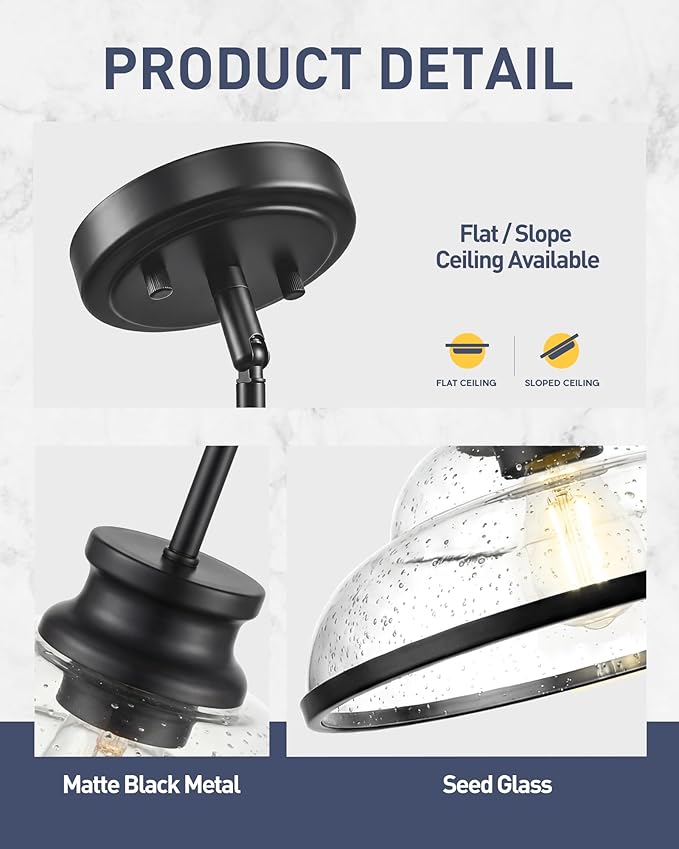 kudos 2 Pack Pendant Lights Kitchen Island, 11" Black Pendant Lights with Seeded Glass Shade, Farmhouse Large Hanging Light Fixture for Kitchen Sink Dining Room Hallways, KDPL14-BK-2PK