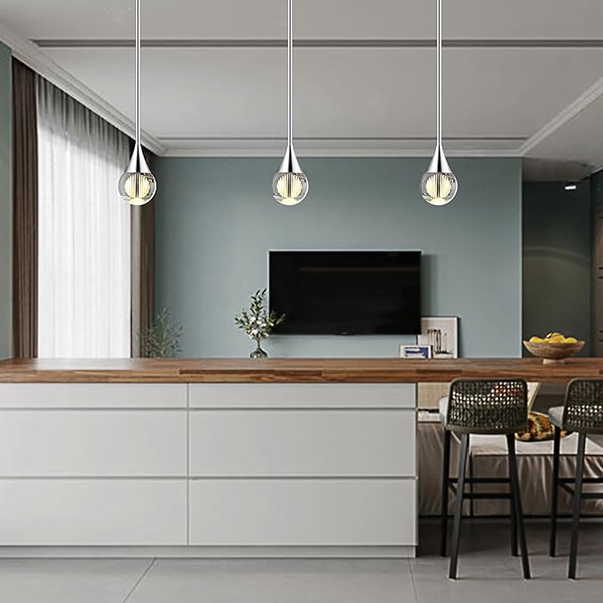 1-Pendant Lights Kitchen Island, Silver Crystal Globe Ceiling Hanging Light Fxitures, LED Light Fixtures Metal Rod Ceiling Glass Pendant Lighting for Kitchen Island Dining Room Bar