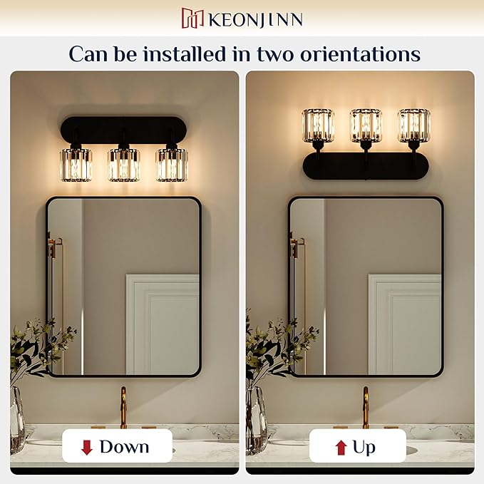 Keonjinn 5-Light Bathroom Light Fixtures, Crystal Black Bathroom Vanity Lights Over Mirror, Vanity Lighting Fixtures with Crystal Square Shades (E26 Socket, Exclude Bulb)