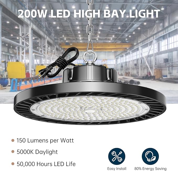 lvsdak UFO LED High Bay Lights 5000K 200W 30000LM 6 Pack with Plug High Bay Led Shop Lights Suitable for Warehouse Workshop Factory Gym Garage Barn LED Lamp AC100-277V
