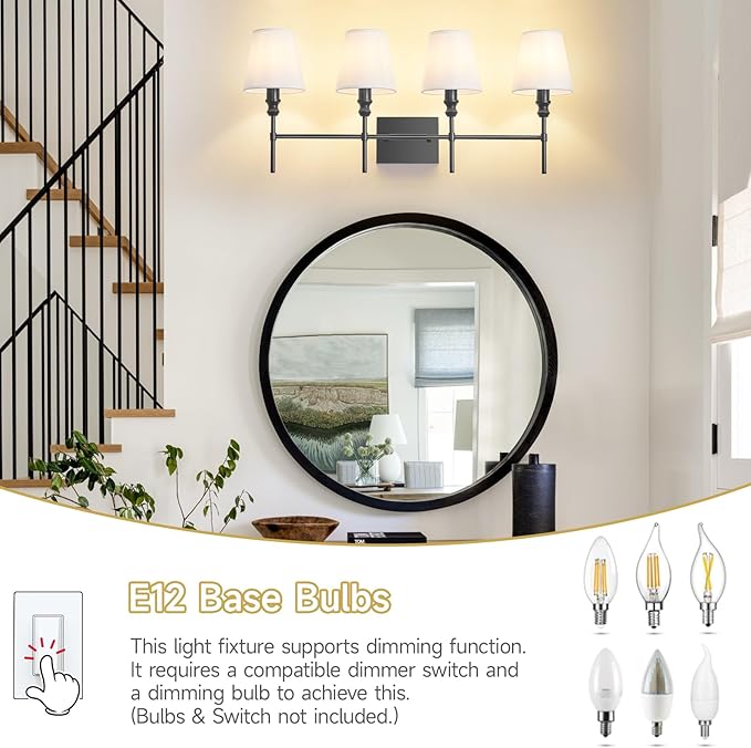 Black Bathroom Vanity Light 4 Light，32.3In Vintage Bathroom Light Fixtures Over Mirror,Hardwired Vanity Wall Sconce with Flared White Fabric Lampshade for Bedroom,Living Room,Foyer,E12 Base