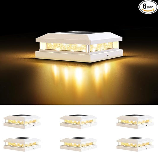 Brightever 4x4 Solar Post Cap Lights Outdoor, Waterproof 16LEDs Solar Powered Deck Post Light with Warm White/Cool White, Solar Fence Lights for 5x5 Wooden/Vinyl Post in Garden, Patio, Porch, 6 Pack
