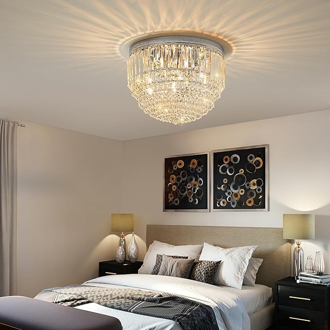 YMP&YZX 5-Lights Crystal Chandelier,15.7" Modern Ceiling Light Fixture Lamp,Flush Mount Round Metal Shade Chandelier E12 Base for Dining Room Living Room Bathroom Bedroom Chrome