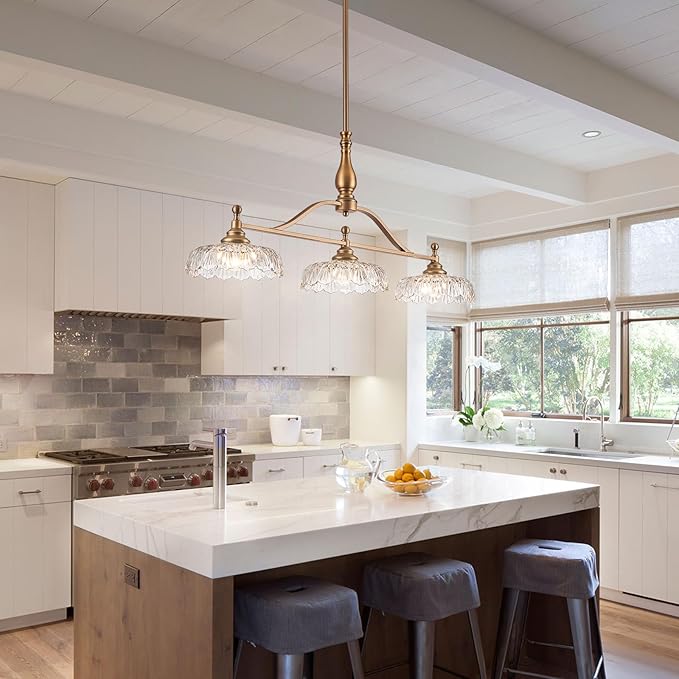 HDDFL Chandeliers Pendant Light Fixture Vintage Pendant Lighting Fixtures 3 Lights Chandelier Matte Brass Kitchen Glass Hanging Lamp for Island Dining Room Living Room