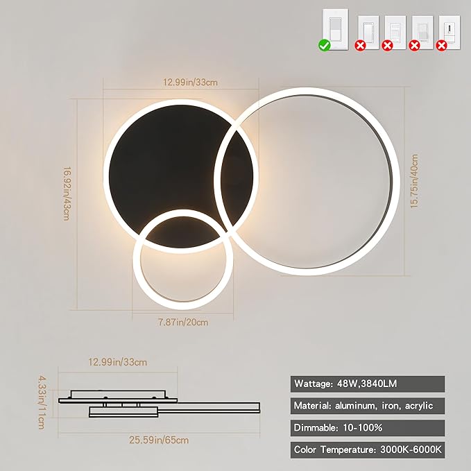 O'NEELDY Modern Dimmable LED Flush Mount Ceiling Light Remote Control Acrylic Ring Chandelier, 48W 3000K-6000K Adjustable, Black Fixture for Bedroom, Living Room, Dining Room, Kitchen and Hallway