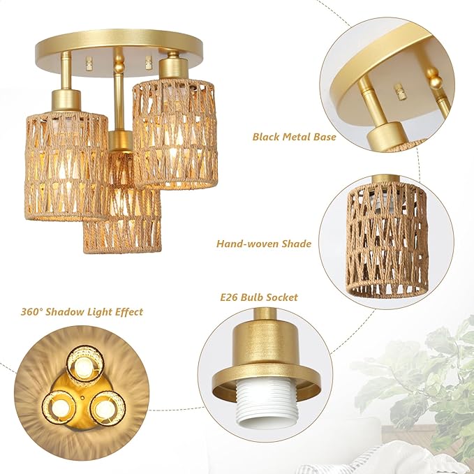 3-Lights Boho Light Fixtures - Farmhouse Rattan Light Fixture with Woven Cage Shade, Gold Semi Flush Mount Ceiling Lights for Bedroom, Kitchen, Hallway