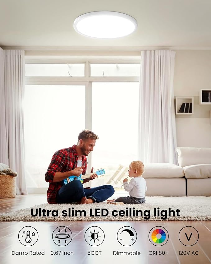 7 Inch LED Ceiling Light, Dimmable and 5CCT Selectable, Ultra Slim 0.67 Inch, Round Flat Ceiling Lamps for Bathroom Basement, 7 Inch 4Pack Black