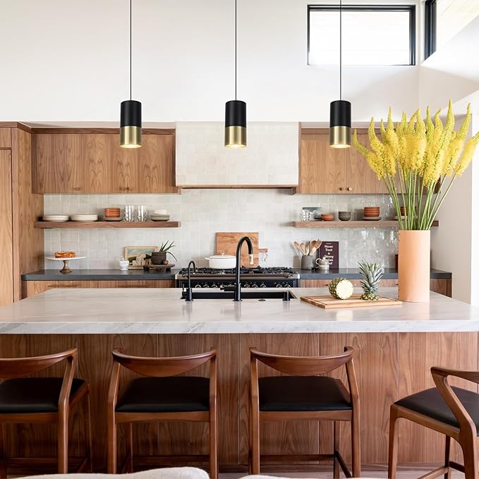 Black and Gold Pendant Light 3 Pack - Small Pendant Lights Kitchen Island with GU10 Bulbs, Minimalist Hanging Light for Dining Room Bedroom Bar, 5W 4000K
