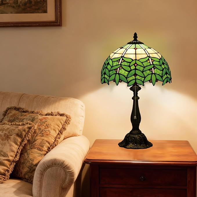 Tiffany Style Stained Glass Table Lamp 12-inch Dia Natural Green Leaf Design Lampshade Nightstand Light for Bedroom Dining Dorm Living Hallway Cottage Office Cafe Ceremony Housewarming Gift