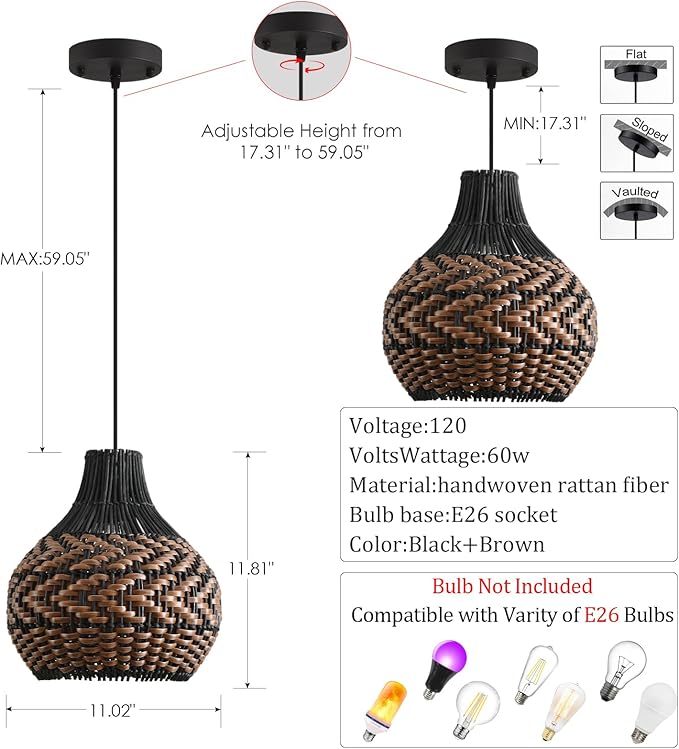 3-Pack Rattan Pendant Light,11" Hand-Woven Black Brown Faux Rattan Hanging Light Boho Wicker Basket Chandelier,for Living Room Bedroom Kitchen Dining Farmhouse