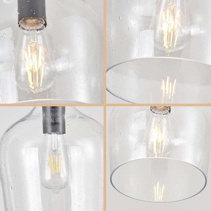 Seeded Glass Pendant Light Modern Black 1 Light Single Dome Pendent Lighting Fixtures for Kitchen Island Dining Room Hallway, Dia 9 Inch, E26, UL Listed