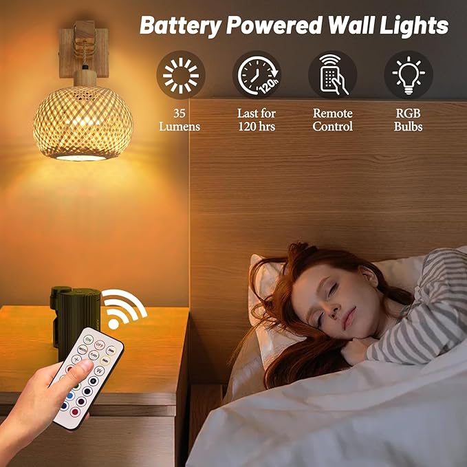 Boho Battery Operated Wall Sconce Set of Two, Rechargeable Wall Sconces with Remote,Wireless Sconces Set of 2 for Bedroom,Living Room,Entryway RGB 15 Colors Dimmable-Bright Wood