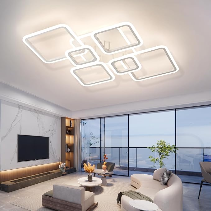 Modern Ceiling Light, 36.2'' LED Dimmable Acrylic Square 6+1 Rings Ceiling Lights with Remote, White Flush Mount Ceiling Light Fixture for Low Ceiling Bedroom Living Room Dining Room, 130W