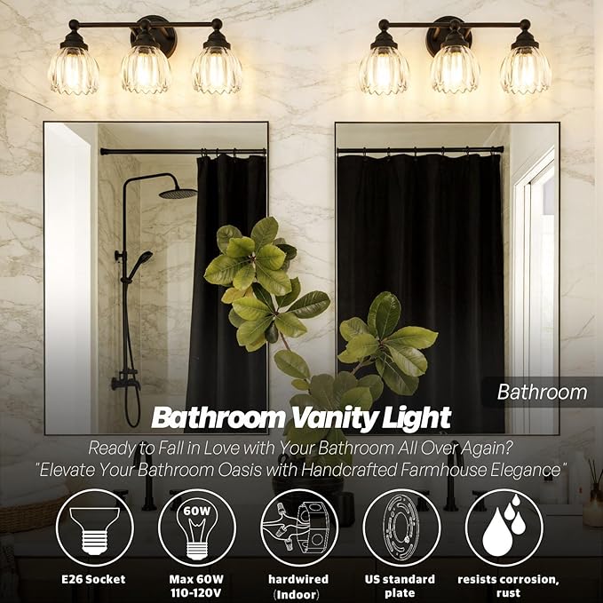 Vintage Triple Arm Tulip Glass Wall Sconce Lighting, 3-Lights Bathroom Vanity Light Fixture for Hallway Bedroom Living Room Bedside Nightstands Lights