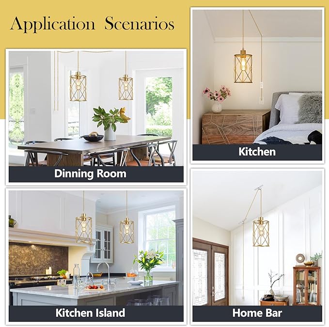 Plug in Industrial 2 Pack Farmhouse Pendant Light, Mini Cage Pendant Lighting in Gold Finish with Crystal, Adjustable Length Hanging Light Fixture for Hallway, Bedroom, Living Room, Kitchen