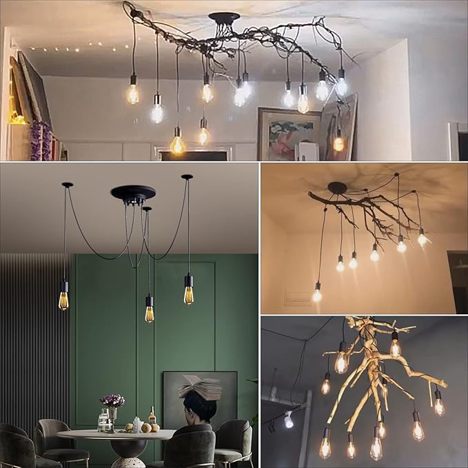 Fuloon Vintage Edison Multiple Ajustable DIY Ceiling Spider Lamp Light Pendant Lighting Chandelier Modern Chic Industrial Dining Without Romote Control (3 Head Cable 200cm/78.7inch) (3 Head)