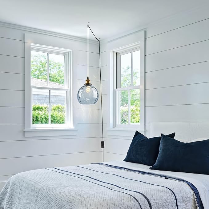 Plug in Pendant Lights for Ceiling, Hanging Plug in Light Fixture with Cord Hammered Glass Globe, Modern Hanging Ceiling Lamp Blue Glass Chandelier for Kitchen Dining Room Bedroom