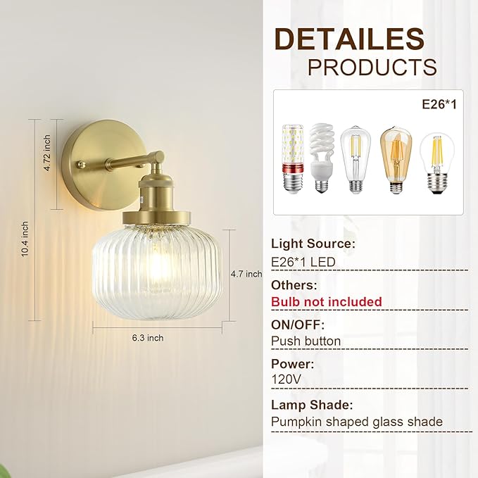 Vintage Wall Sconces with Clear Pumpkin Glass Lampshade, Indoor Bathroom Wall Sconce, Modern Gold Industrial Lighting Fixture for Mirror Living Room Hallway 2 Pack