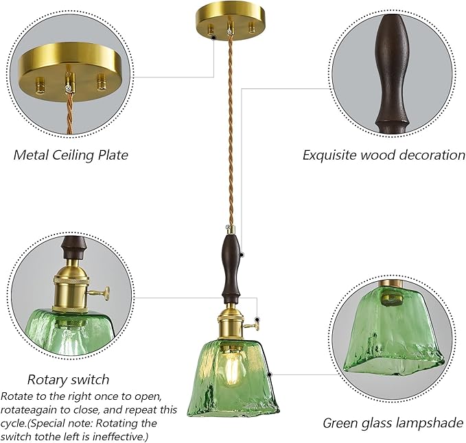 Green Glass Vintage Pendant Light Height Adjustable Handmade Glass Pendant Lights Kitchen Island Gold Hanging Light Fixture with Wood Handle for Bedroom Dining Room Hotel (2 Pack)