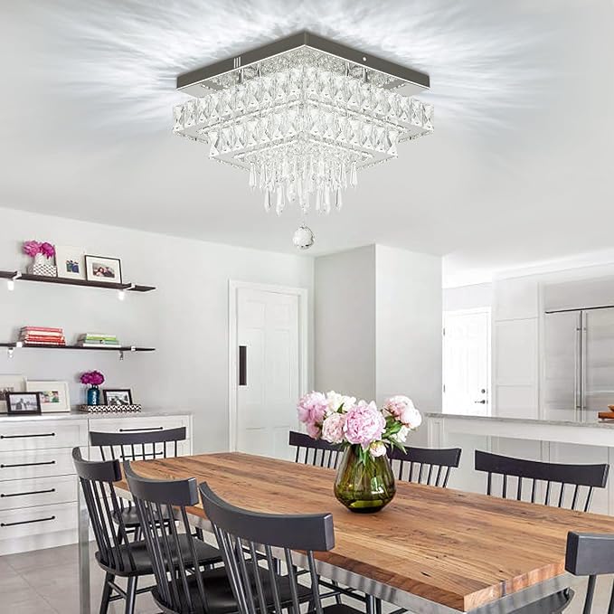 Finktonglan 13" Square Crystal Ceiling Light Flush Mount, Modern Multi-Layer LED Crystal Chandelier, Cool White 6500K, Non-Dimmable No Remote for Bedroom Entryway Dining Room Living Room