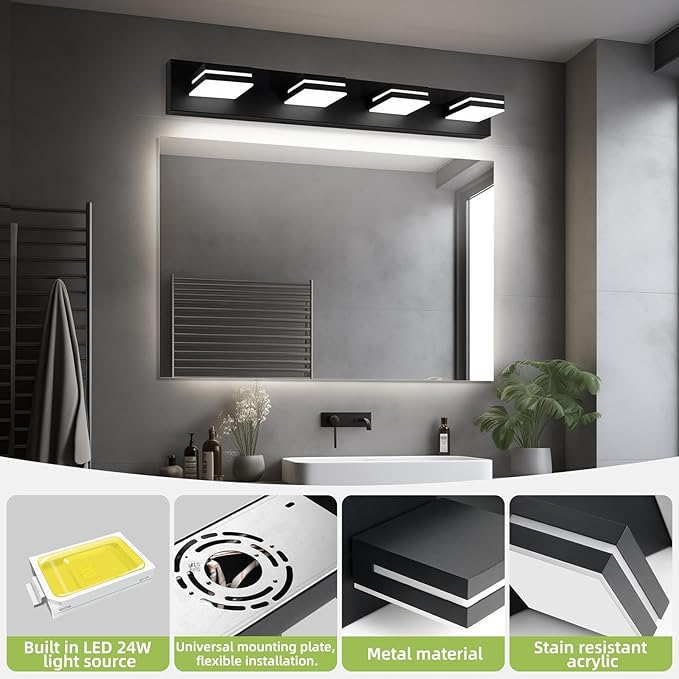 OKELI 4 Light Bathroom Vanity Light Matte Black Modern 32W LED Dimmable Vanity Light Over Mirror 350° Adjustable Lamp Head Cold White 6000K ETL Listed 30Inch