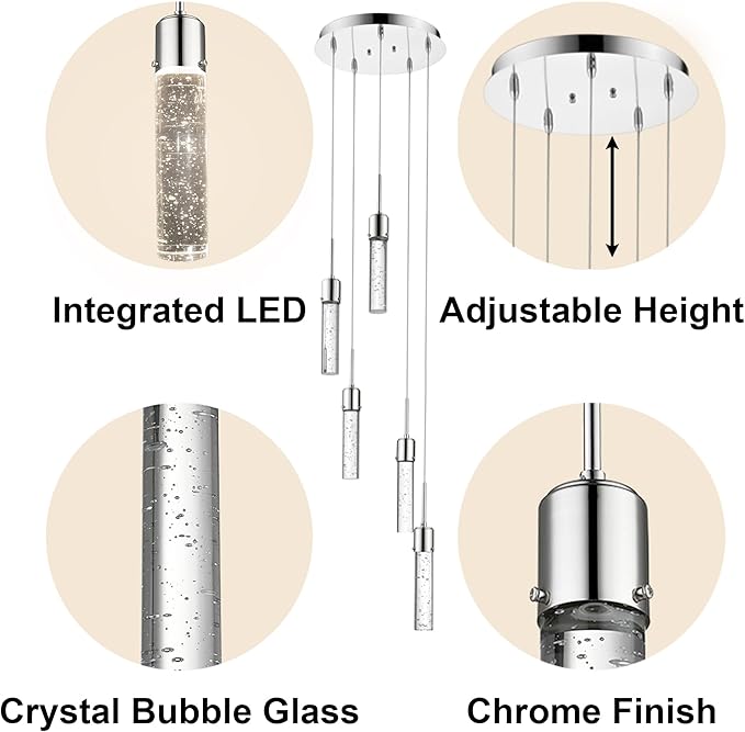 Vivio Lighting Modern Pendant Light Contemporary Ceiling Lights for Kitchen Island Bubble Crystal LED Adjustable Hanging Lights for Living Room Dining Room Entryway Chrome 4000K 5 Light