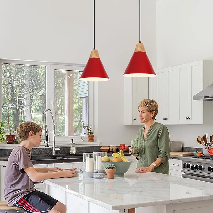Red Pendant Light, 2 Packs 9.4inch Farmhouse Pendant Light, Kitchen Pendant Lights, Pendant Lights Kitchen Island for Living Room, Bar, Bedroom, Office