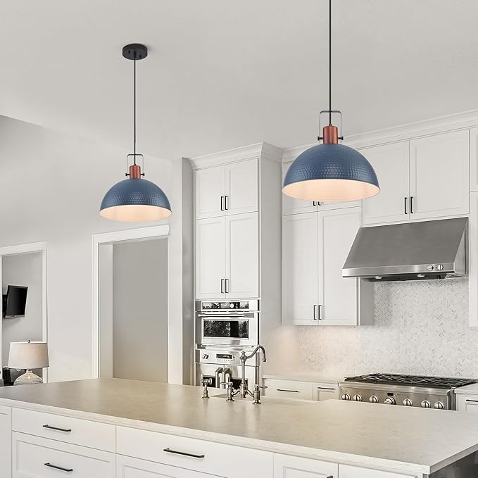 16 Inch Blue Pendant Lights Hammered Matte Pendant Lights for Kitchen Island Industrial Farmhouse Adjustable Height Dome Hanging Light Fixtures for Barn, Dining Room 2 Packs