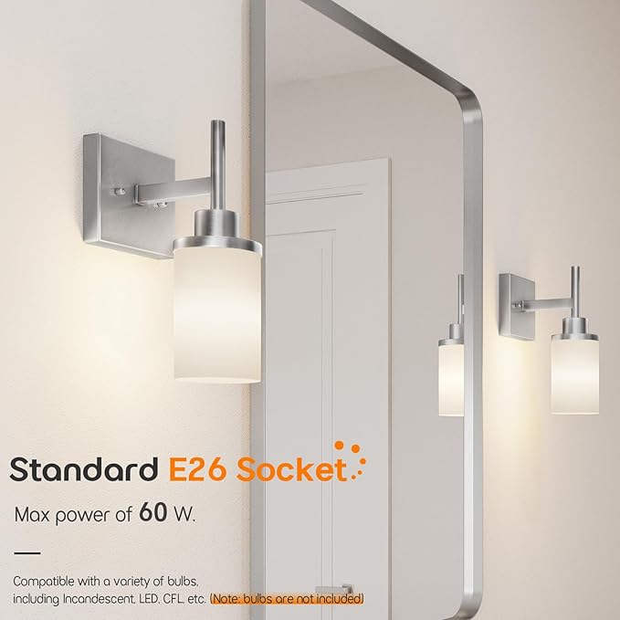 Bathroom Light Fixtures Brushed Nickel Vanity Lights with White Frosted Glass Shade, Wall Lamp for Mirror Kitchen Bedroom Living Room Porch T001BR-L1