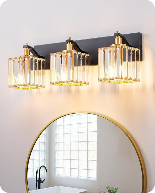 EDISHINE Bathroom Light Fixtures, 20.47'' Crystal Bathroom Vanity Lighting Fixtures Over Mirror, 3 Light Vanity Lights for Bath, Powder Room, Black and Gold, E26 Base