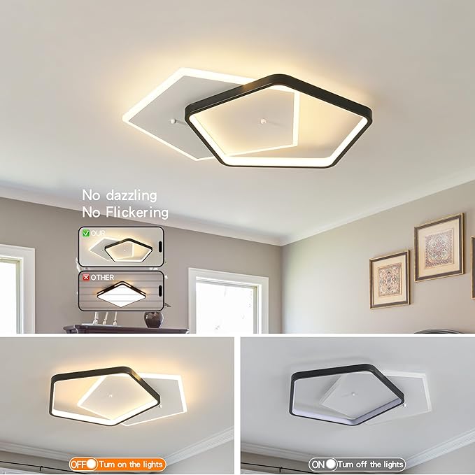 Modern LED Ceiling Light Fixture Dimmable Black Flush Mount Ceiling Light 20.08" Bedroom Ceiling Lamp with Remote Control Pentagonal Ceiling Light for Kitchen,Entryway,Balcony,Wardrobe