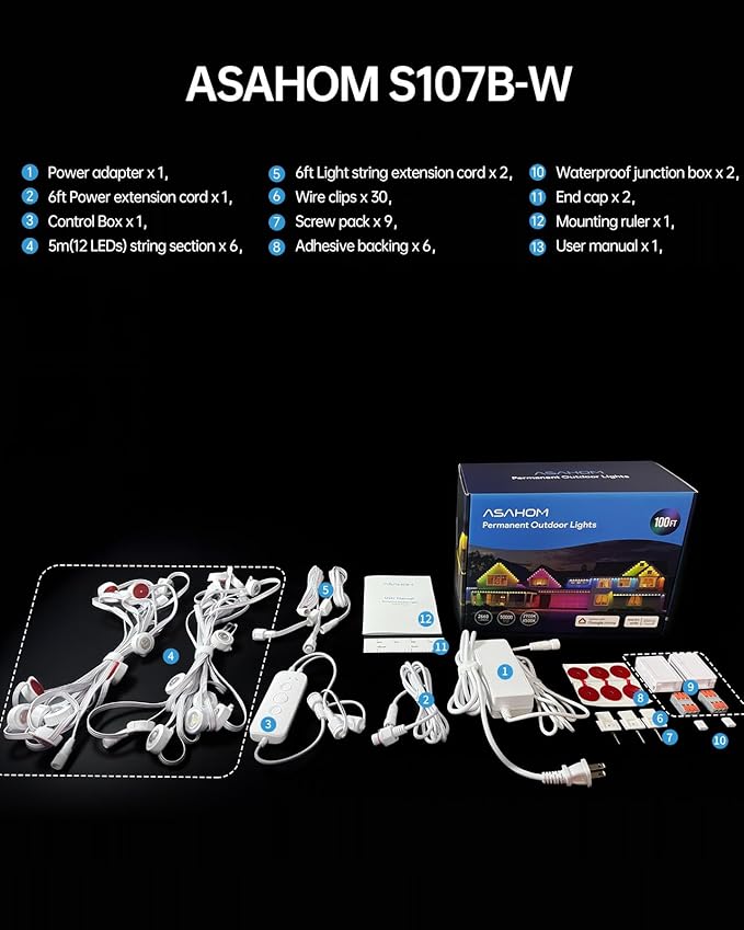 ASAHOM AI Permanent Outdoor Lights S107B, 100FT with 72 RGBCW LED Lights, 30,000 Lighting Effect, Controller with Dual Output, Extend to 800FT, Cuttable for House Outdoor Decor Daily Lighting, White
