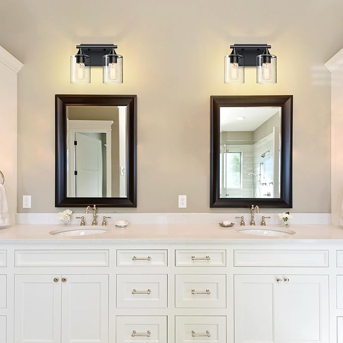Vanity Lighting Fixtures,2-Light Bathroom Lights Over Mirror,Modern Sconces Wall Lighting with Clear Glass Shade,Light Fixture for Bathroom Bedroom Living Room Vanity Table Hallway