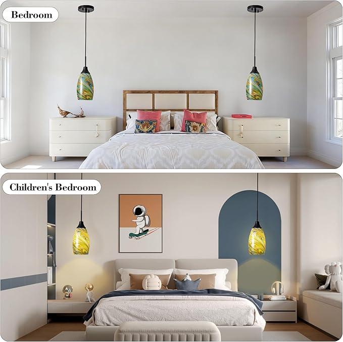 Viinew Mini Glass Pendant Light 4.72" Oval Pendant Lights 3-Pack Handblown Colorful Art Glass Hanging Pendant Light for Kitchen Island Dining Room Living Foyer Hallway Entry Matte Black Metal