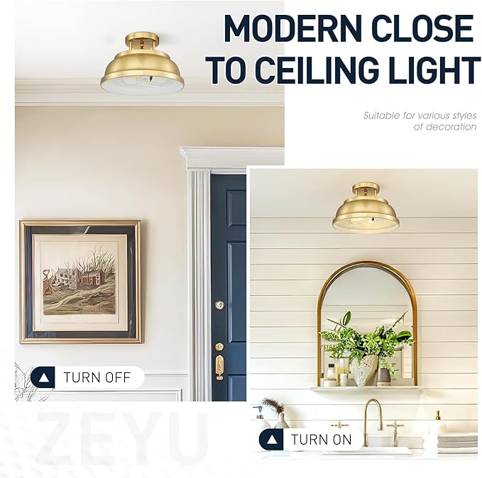 zeyu 2-Light Vintage Flush Mount Light Fixture, Semi Flush Ceiling Light Fixture for Bedroom Kitchen, Metal Dome Shade in Brushed Gold Finish, ZY29-F BG