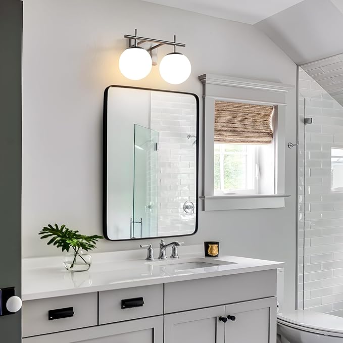 AIJIASI Brushed Nickel Vanity Light for Bathroom, 2-Lights Modern Vanity Lighting with Milky White Frosted Glass Shade, Bathroom Light Fixture Mid Century Wall Sconce (Exclude E26 Bulb)