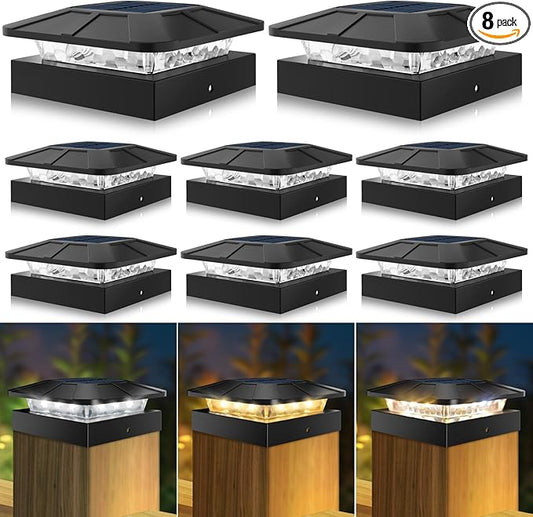 Peasur 4x4in Solar Post Cap Lights Outdoor with 3 Modes, 8 Packs Fence Light Solar Powered Waterproof for Wood/Vinyl Posts for Deck Yard Garden Patio Outside